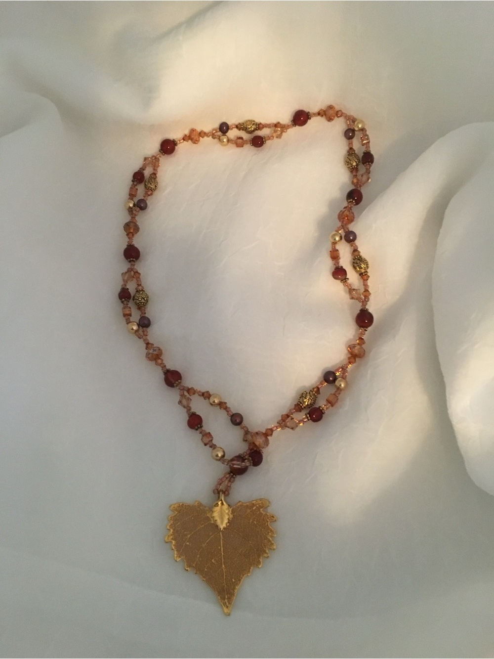Gold Leaf Pendant Necklace with Red and Amber Beads